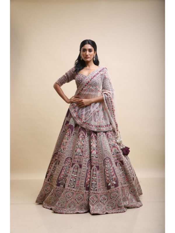 Kalighata - wine rawsilk hand embroidered lehenga