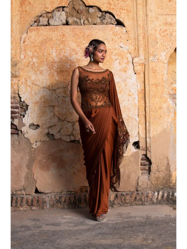Nikita Gujral- DARK COPPER DRAPE SAREE