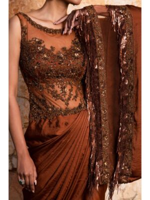 Nikita Gujral- DARK COPPER DRAPE SAREE - Image 3