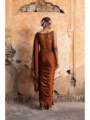 Nikita Gujral- DARK COPPER DRAPE SAREE - Image 4