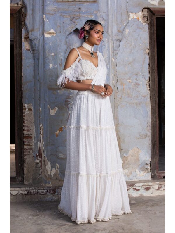 Nikita Gujral - IVORY TIERED DRAPE SAREE