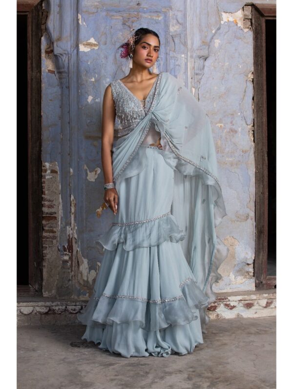 Nikita Gujral - POWDER BLUE ORGANZA DRAPE SAREE
