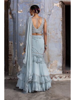 Nikita Gujral - POWDER BLUE ORGANZA DRAPE SAREE - Image 4