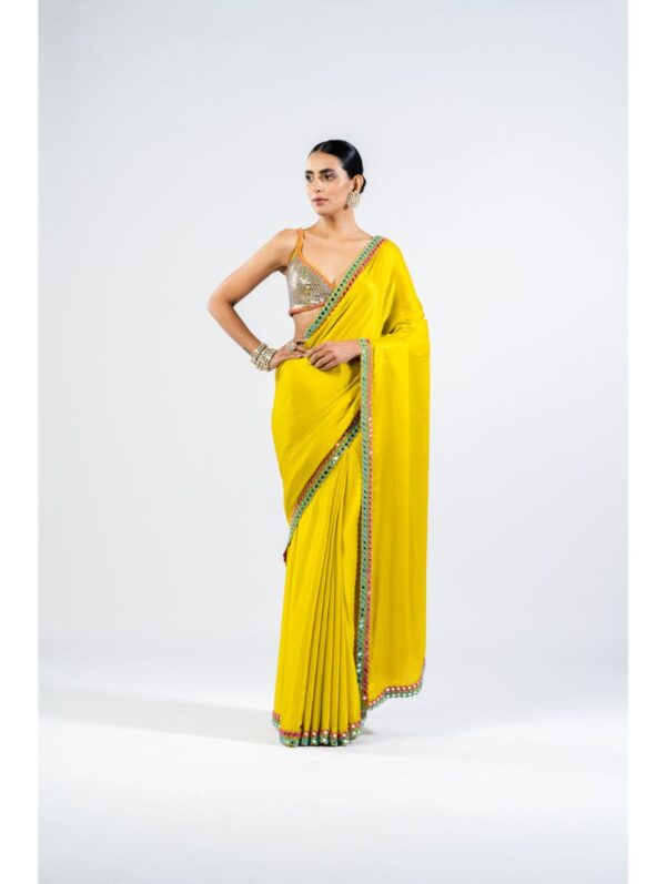 Vvani Vats - MOSS GREEN SATIN CHIFFON SAREE WITH METALLIC BLOUSE