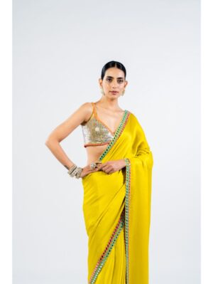 Vvani Vats - MOSS GREEN SATIN CHIFFON SAREE WITH METALLIC BLOUSE - Image 3