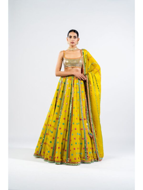 Vvani Vats - MOSS GREEN FLOWER LEHENGA SET WITH METALLIC BLOUSE