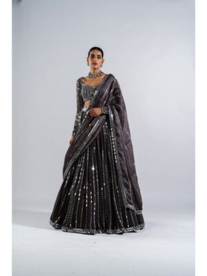 Vvani Vats -  CHARCOAL GREY  LINEAR DROP LEHENGA SET - Image 4