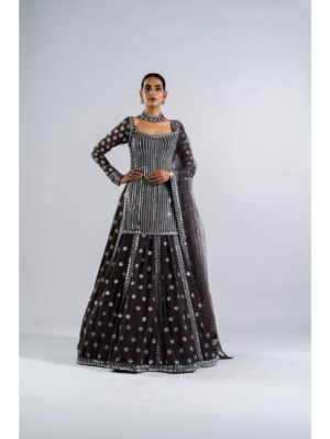 Vvani Vats - CHARCOAL GREY MIRROR WORK KURTA  LEHENGA SET - Image 3