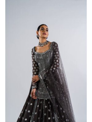 Vvani Vats - CHARCOAL GREY MIRROR WORK KURTA  LEHENGA SET - Image 4