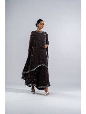 Vvani Vats - CHARCOAL GREY ASYMETRICAL KURTA SET WITH DUPATTA - Image 2