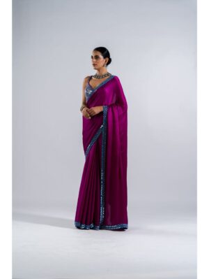 Vvani Vats - POP WINE SATIN CHIFFON SAREE SET - Image 2