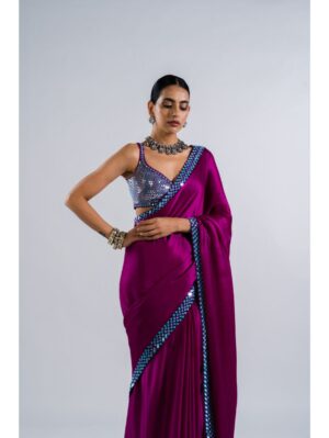 Vvani Vats - POP WINE SATIN CHIFFON SAREE SET - Image 3