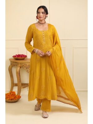 Esha Koul - Musturd chikankari  Kurta set - Image 4