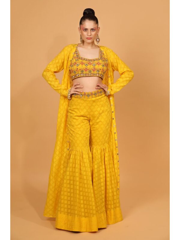 Neha Khullar- yellow self chanderi garara set with cape and blouse