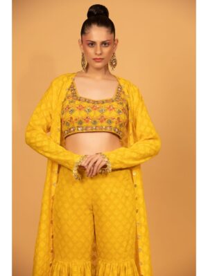 Neha Khullar- yellow self chanderi garara set with cape and blouse - Image 3