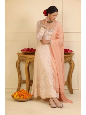 Esha Koul - Off white chikankari anarkali set - Image 4