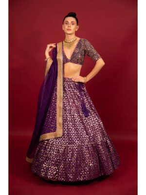 Neha Khullar- purple banarasi chanderi lehenga set with organza dupattat and blouse - Image 2