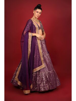Neha Khullar- purple banarasi chanderi lehenga set with organza dupattat and blouse - Image 4