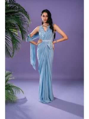 Pritika Vora - powder blue hand emb waist coat style blouse, pre draped saree and belt - Image 3