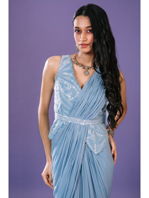 Pritika Vora - powder blue hand emb waist coat style blouse, pre draped saree and belt