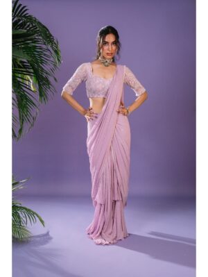 Pritika Vora - lavnder layered saree with elbow length sleeve blouse - Image 2
