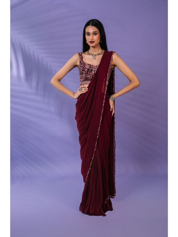 Pritika Vora - Maroon tassle edged pre-draped saree