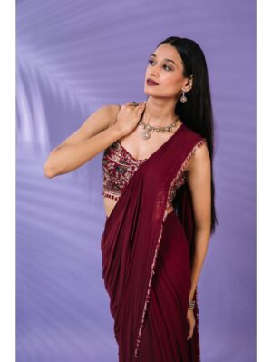 Pritika Vora - Maroon tassle edged pre-draped saree - Image 3