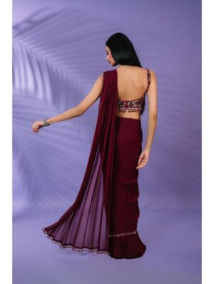 Pritika Vora - Maroon tassle edged pre-draped saree - Image 4
