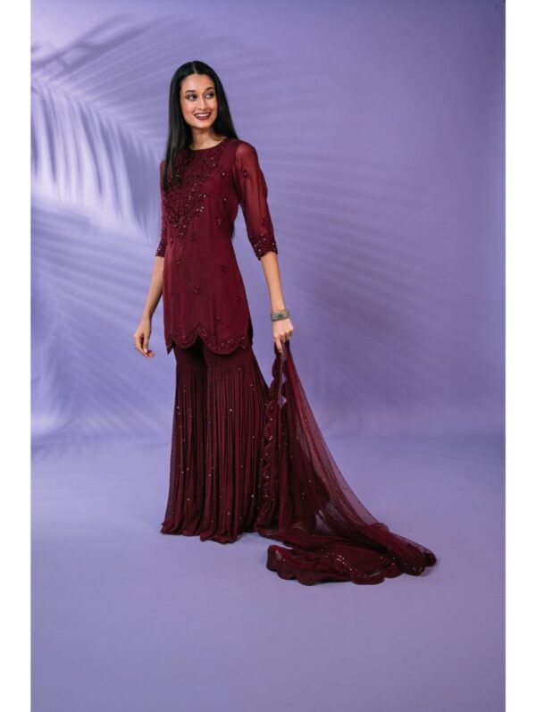 Pritika Vora - Rosewood sharara set with scallop edged dupatta
