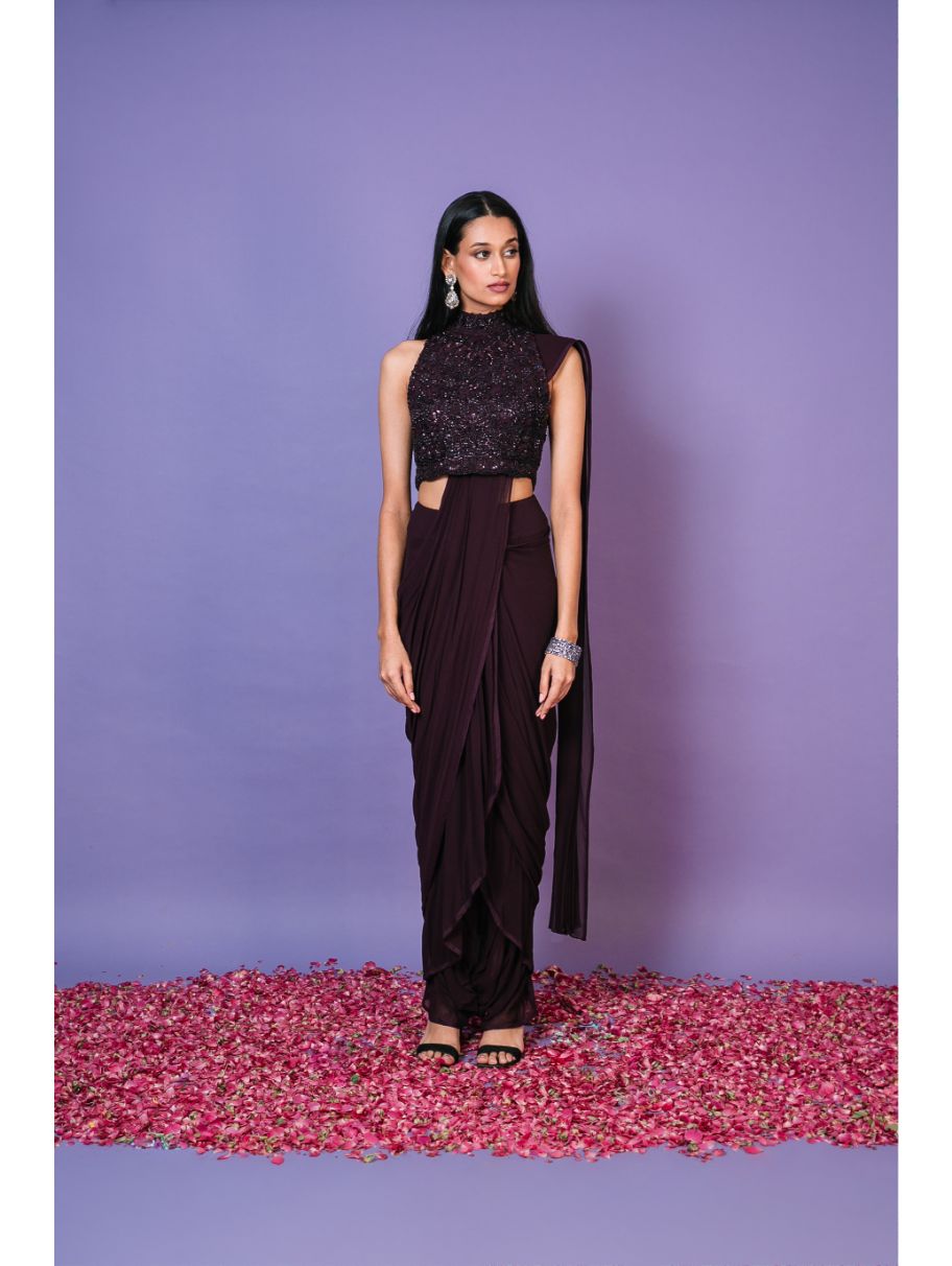 Pritika Vora – Deep wine dhoti saree set – Nikaza Asian Couture