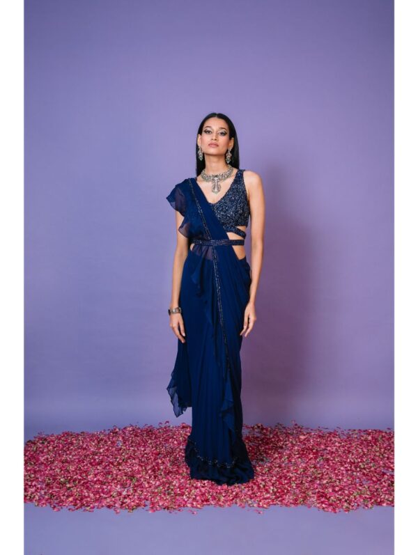 Pritika Vora - Indigo ruffle saree with belt