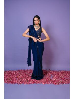 Pritika Vora - Indigo ruffle saree with belt - Image 2