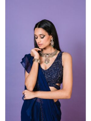 Pritika Vora - Indigo ruffle saree with belt - Image 3