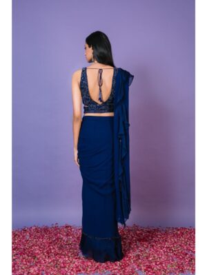 Pritika Vora - Indigo ruffle saree with belt - Image 4