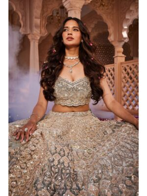 Kalighata - Dusty firoza velvet embroidered lehenga - Image 2
