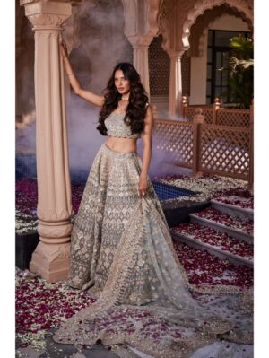 Kalighata - Dusty firoza velvet embroidered lehenga - Image 3