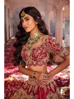 Kalighata - Red heavily embroidered lehenga - Image 4