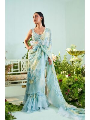 Mani Bhatia- Ice blue floral print ruffle saree - Image 2