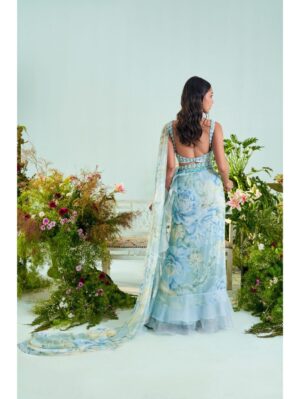 Mani Bhatia- Ice blue floral print ruffle saree - Image 4