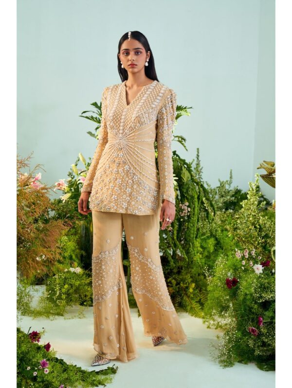 Mani Bhatia- Beach sand color peplum & Sharara set