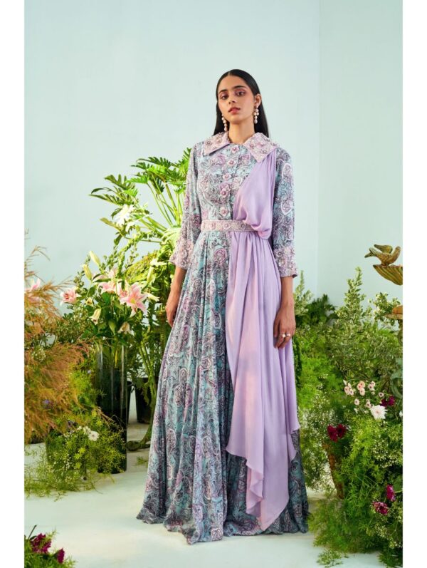 Mani Bhatia- Paisley print jumpsuit with embroidered collar & drape
