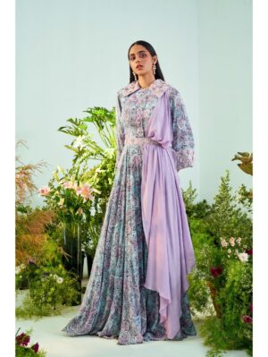 Mani Bhatia- Paisley print jumpsuit with embroidered collar & drape - Image 2
