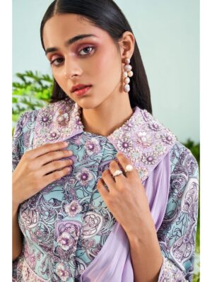 Mani Bhatia- Paisley print jumpsuit with embroidered collar & drape - Image 4