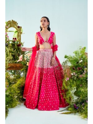 Mani Bhatia- Fuschia pink red pearl & sequins embroidered lehenga set - Image 2
