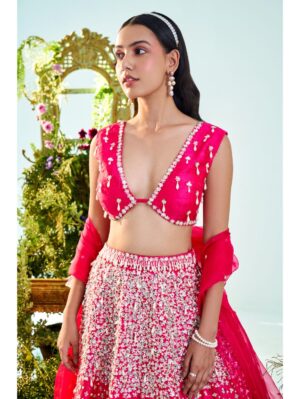 Mani Bhatia- Fuschia pink red pearl & sequins embroidered lehenga set - Image 3