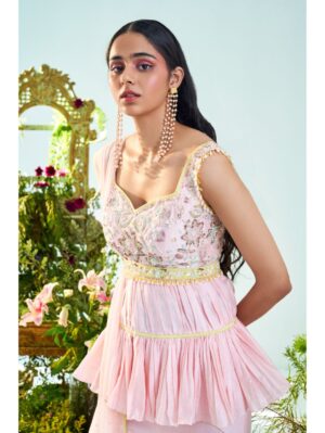 Mani Bhatia- Candy pink & lime green peplum top & gharara set - Image 2