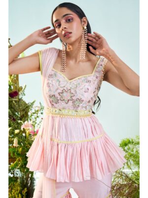 Mani Bhatia- Candy pink & lime green peplum top & gharara set - Image 3