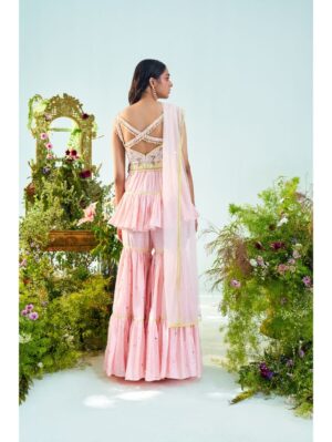 Mani Bhatia- Candy pink & lime green peplum top & gharara set - Image 4