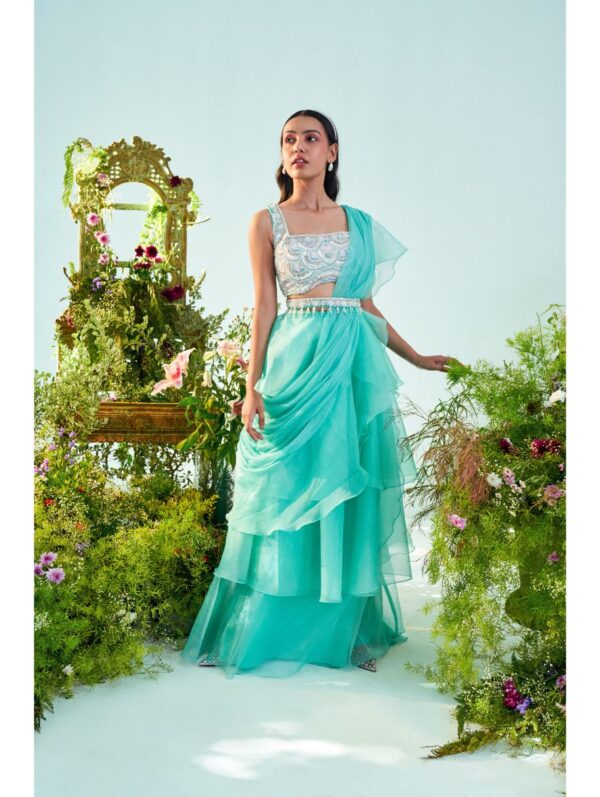 Mani Bhatia- Aqua blue ruffle drape saree with embroidered belt
