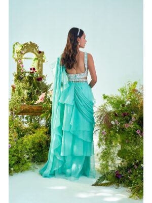 Mani Bhatia- Aqua blue ruffle drape saree with embroidered belt - Image 4
